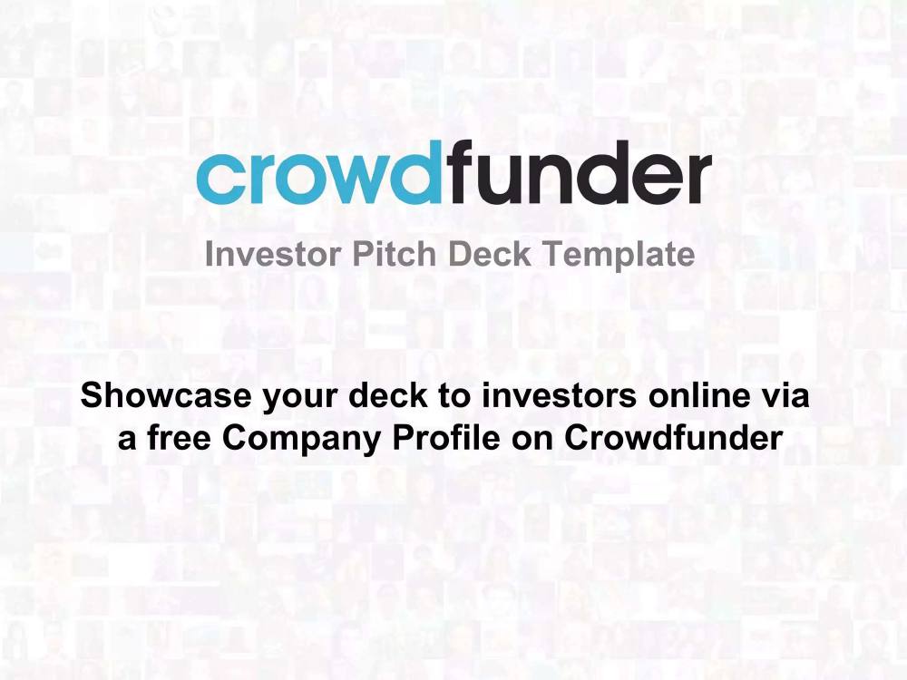 Crowdfunder pitch deck, cover slide