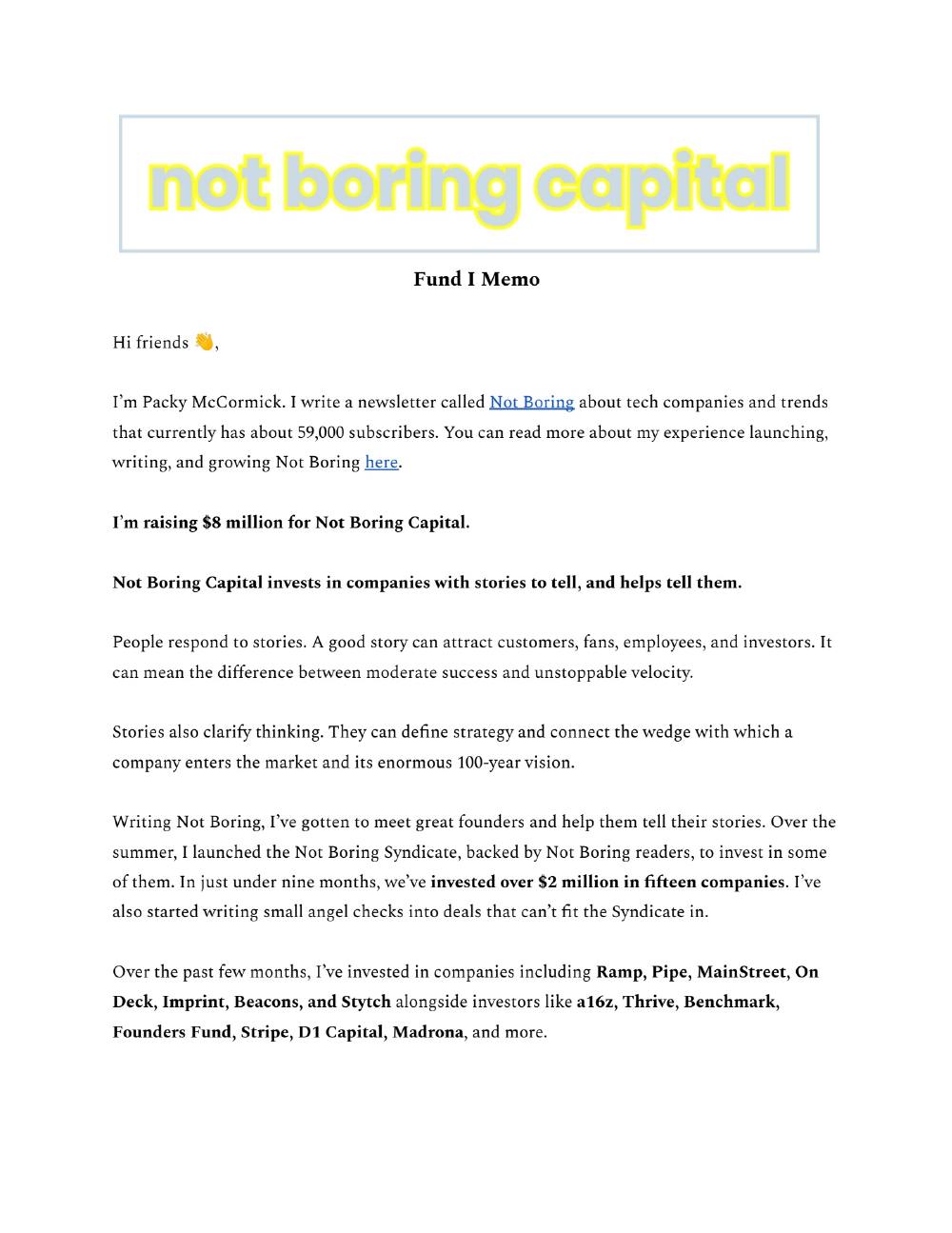 Not Boring Capital Fund I pitch deck, cover slide